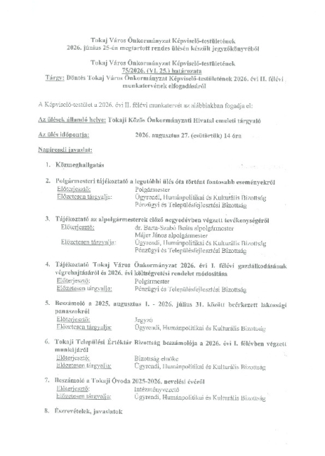 Képviselő-testület 2026. II. félévi munkaterve 