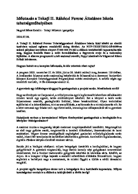 Időutazás a Tokaji II. Rákóczi Ferenc Általános Iskola tehetségműhelyében