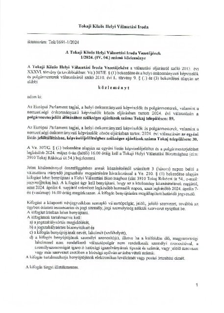 A Tokaji Közös Helyi Választási Iroda Vezetőjének 1/2024. (IV.04.) számú közleménye