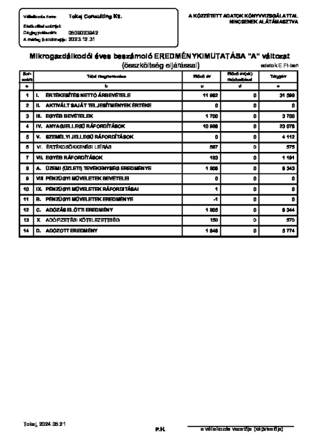 JKV 2024.05.23. 11. melléklet - Tokaj Consulting Eredménykimutatás